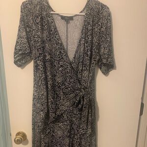 Ellos Navy Blue and White print, midi, wrap-dress, SZ 16